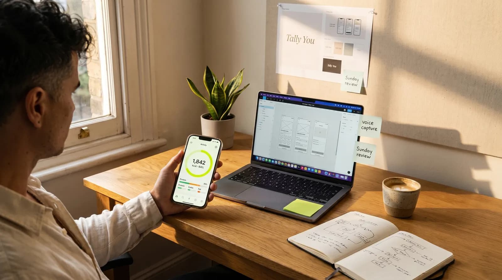 Tally You founder at a sunlit studio desk, holding a phone showing the activity ring at 1,842 kcal next to a MacBook with Figma wireframes and sticky notes reading "voice capture" and "Sunday review".